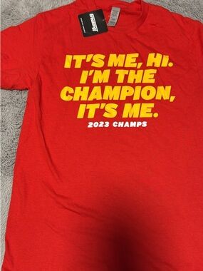 Champion Red T-Shirt with Yellow and White Text
